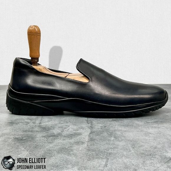 JOHN ELLIOTT SPEEDWAY LEATHER LOAFERS IN BLACK BUFFED CALFSKIN MEN’S LUXURY SHOE - Picture 6 of 16